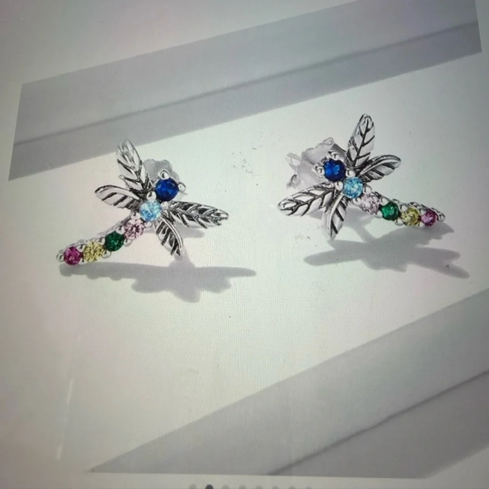925 Sterling Silver Colorful Zircon Dragonfly Earrings